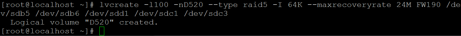 Create a volume with a size of 100 physical extensions (PE*) of type RAID5 with a size of 64K bytes per stripe and a maximum recovery rate up to 24M bytes per second. The five stripe devices of the volume are distributed on the five devices : /dev/sdb5 /dev/sdb6 /dev/sdd1 /dev/sdc1 /dev/sdc3.