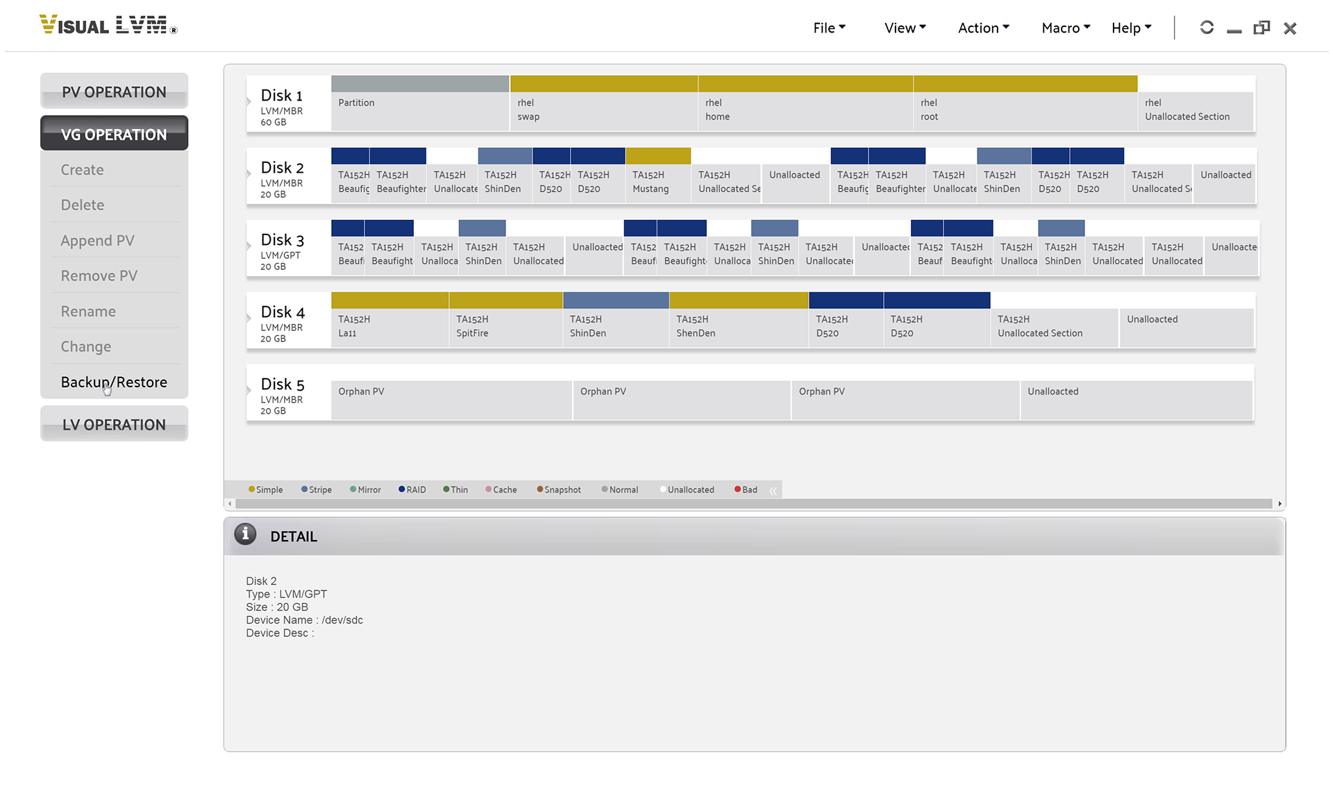 Select VG Operation->Backup/Restore to start backup/restore Volume Group wizard
