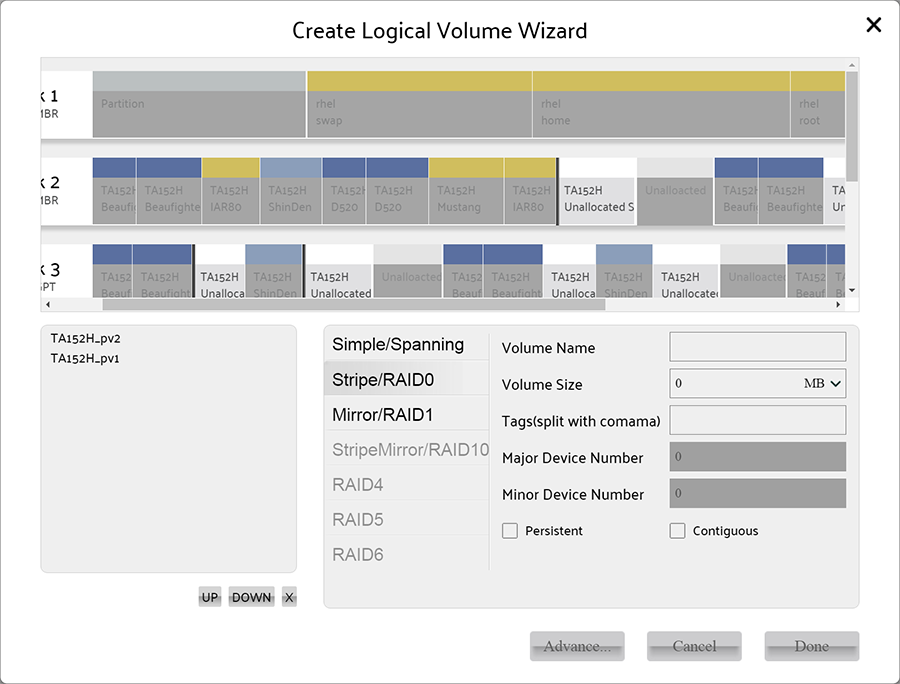 select at least 2 Physical Volumes for create stripe volume
