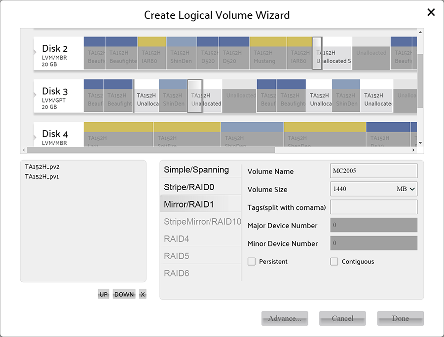 select at least 2 Physical Volumes for create mirror volume
