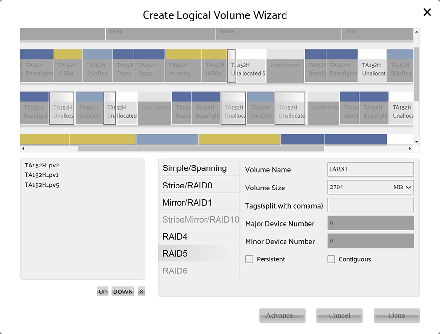 select at least 3 Physical Volumes for create raid 5 volume
