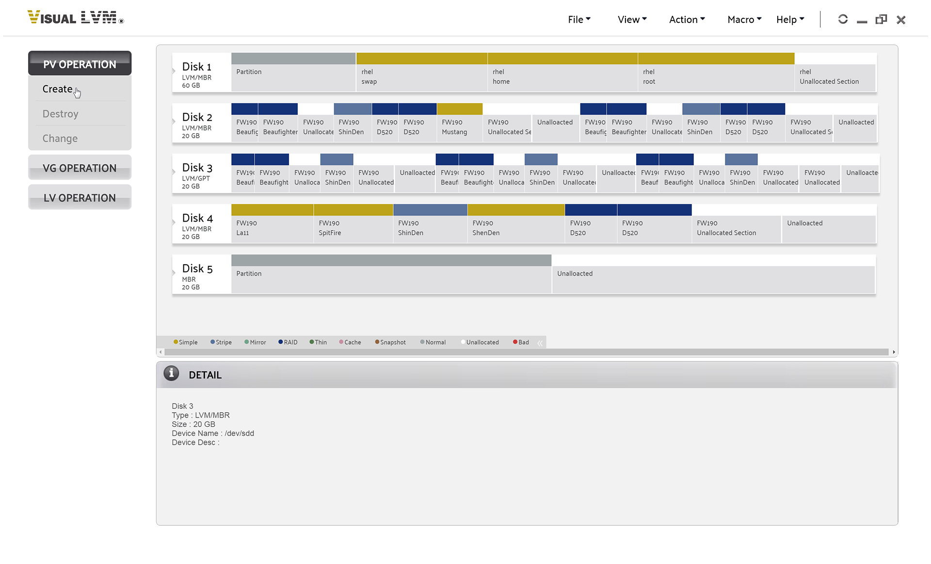 Select PV Operation->Create to start create Physical Volume wizard
