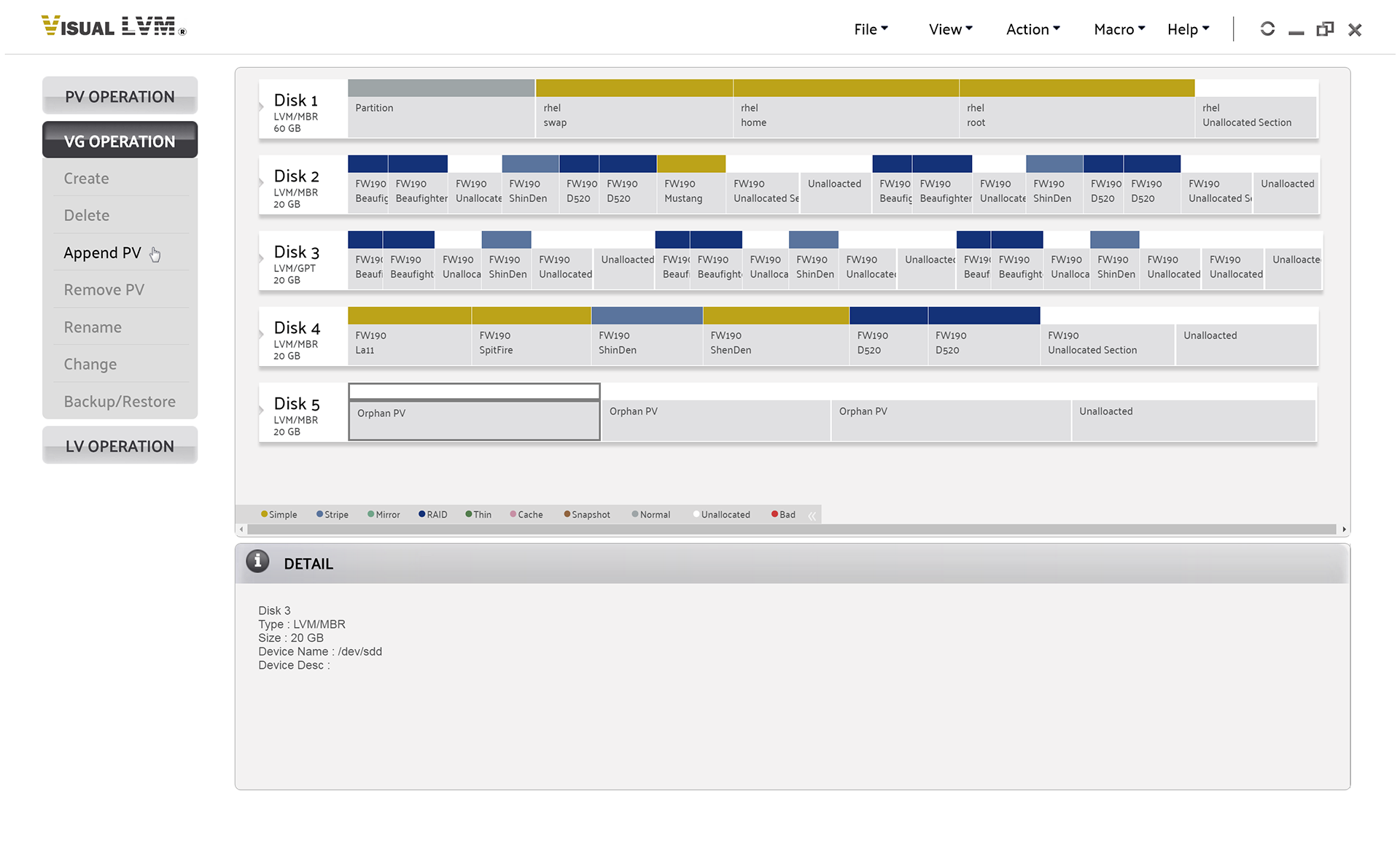 Select VG Operation->Append PV to start extending Volume Group wizard
